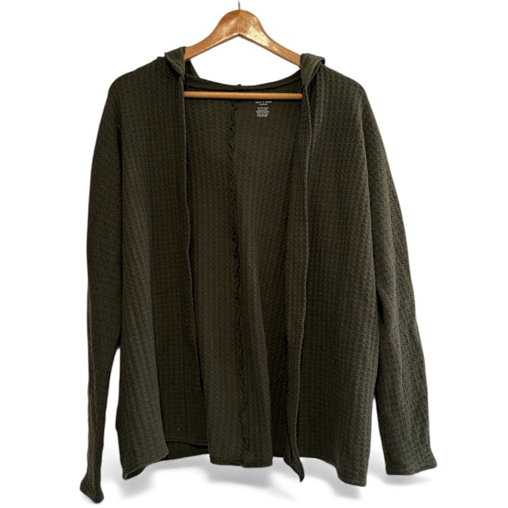 American Eagle Soft & Sexy Plush Waffle Knit Hooded Cardigan XS Dark Green